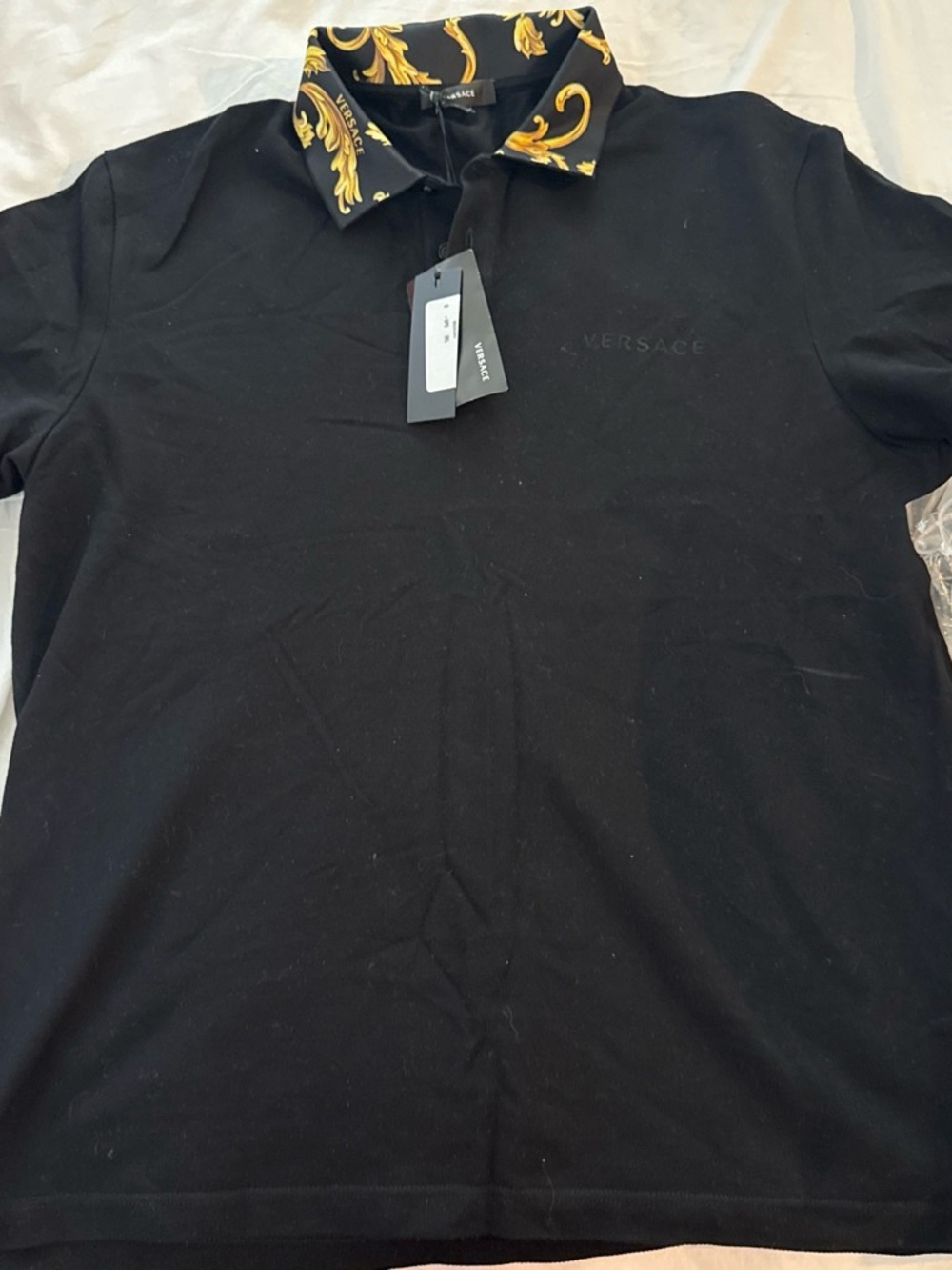 Versace Black Polo with Gold Barocco Collar Accent